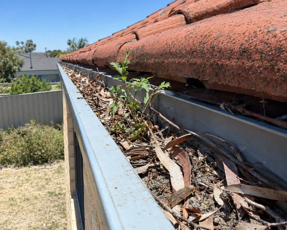 Gutter cleaning Perth: steel gutter blocked with gum leaves, sand and a weed under terracotta roof tiles
