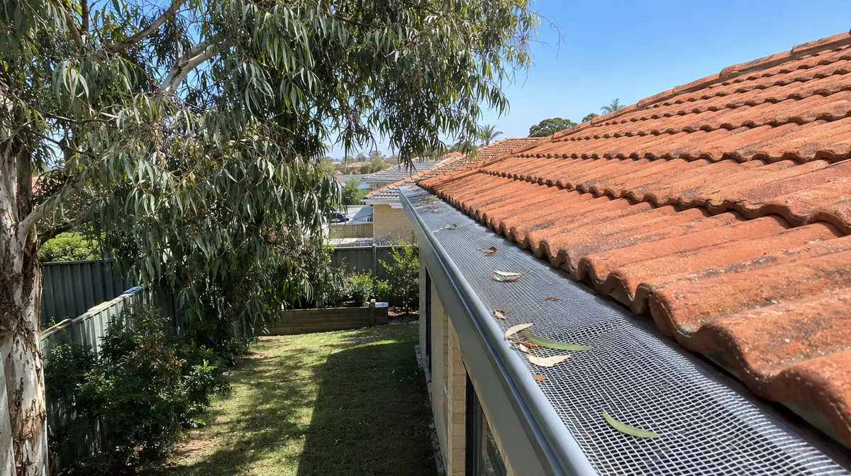 Gutter guards Perth: gutter guard fitted along a terracotta tile roofline under a large gum tree