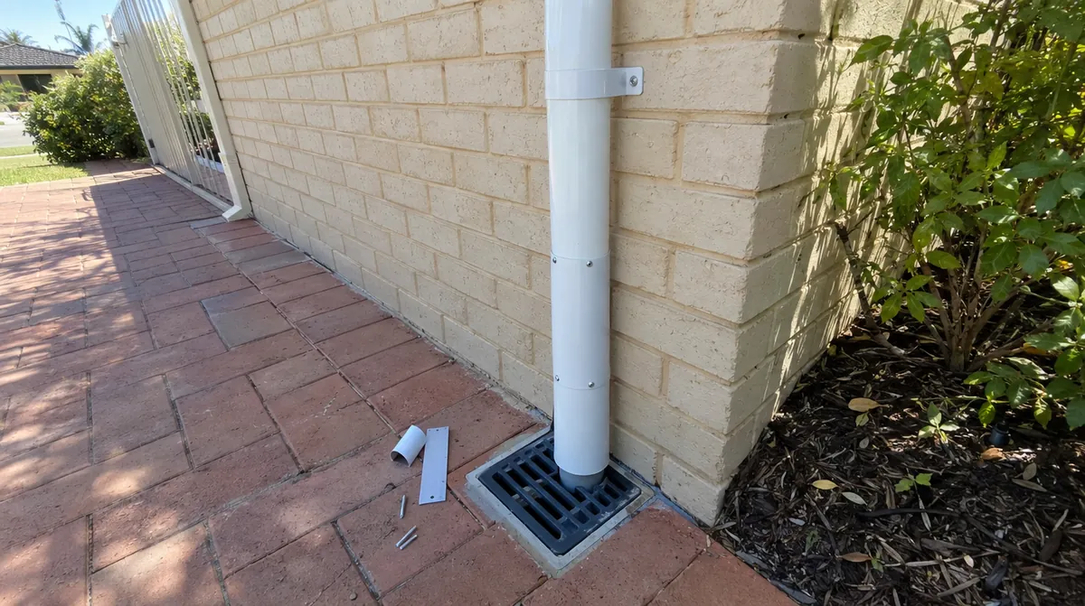 Gutter installation Perth: new white downpipe on a brick wall running into a stormwater drain