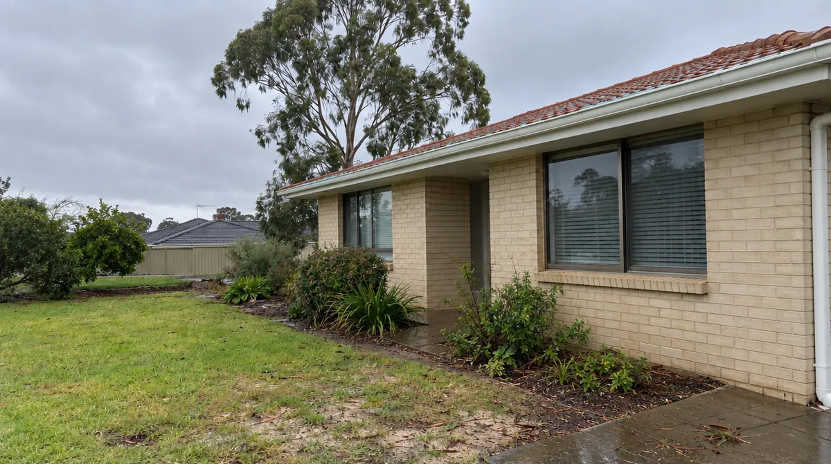 Gutter repair and cleaning Perth: cream brick home with a tiled roof and white gutters on a wet winter morning