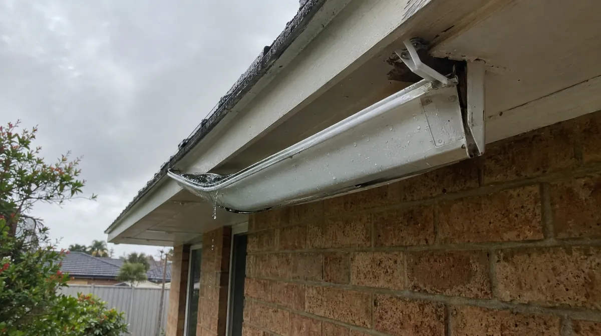 Gutter repair Perth: white gutter sagging away from the fascia at a failed bracket after rain