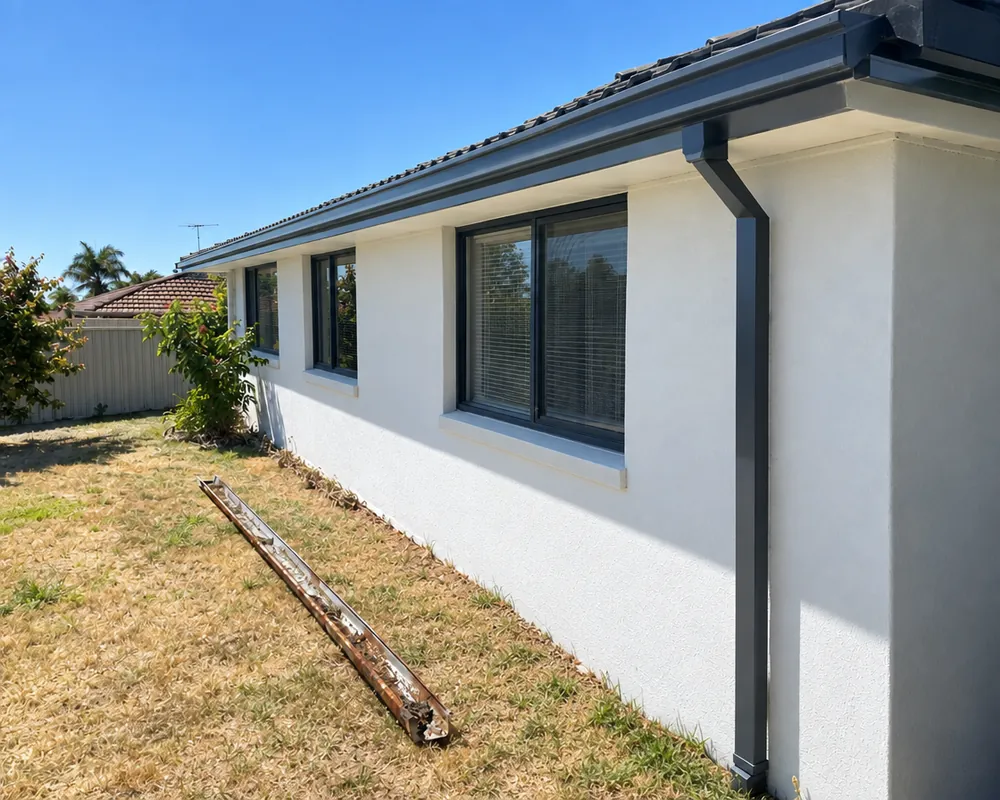Gutter replacement Perth: new charcoal Colorbond gutter and downpipe on a rendered home, old rusted gutter on the lawn