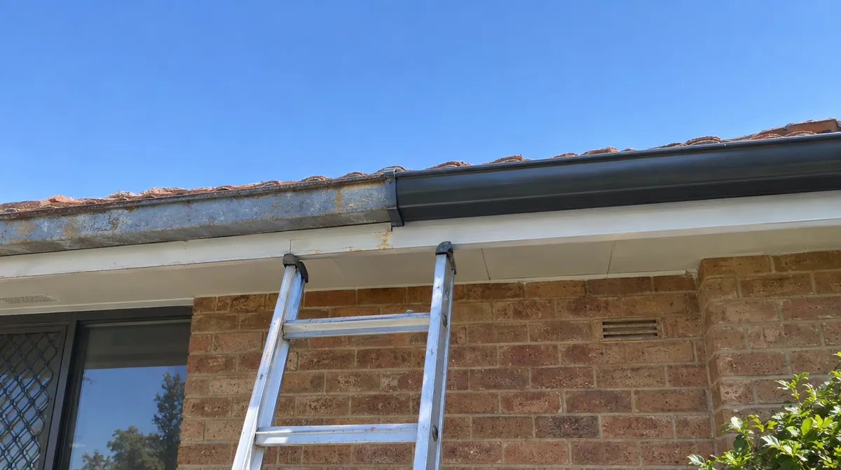 Gutter replacement Perth: rusted old gutter beside new dark Colorbond gutter on a brick house