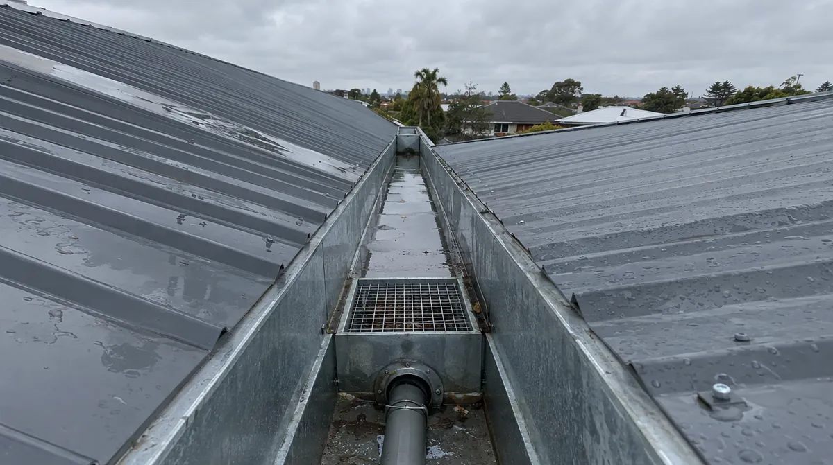 Roof plumber Perth: wet box gutter with a sump and outlet between two Colorbond roof sections