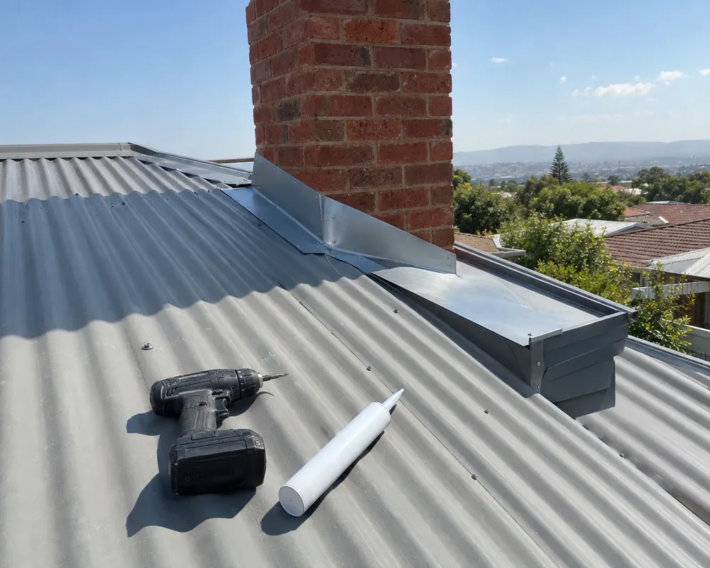 Roof plumber Perth: chimney flashing and box gutter on a Colorbond roof with a drill and sealant